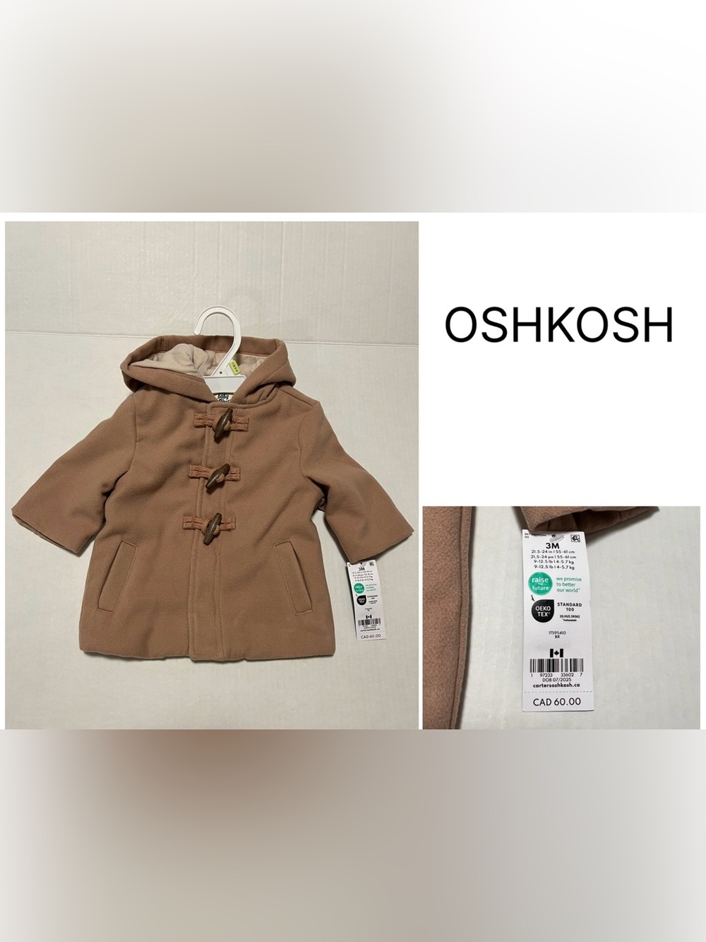 OSHKOSH - 3M - NWT - INFANT BROWN HOODED FASHION TOGGLE JACKET / COAT